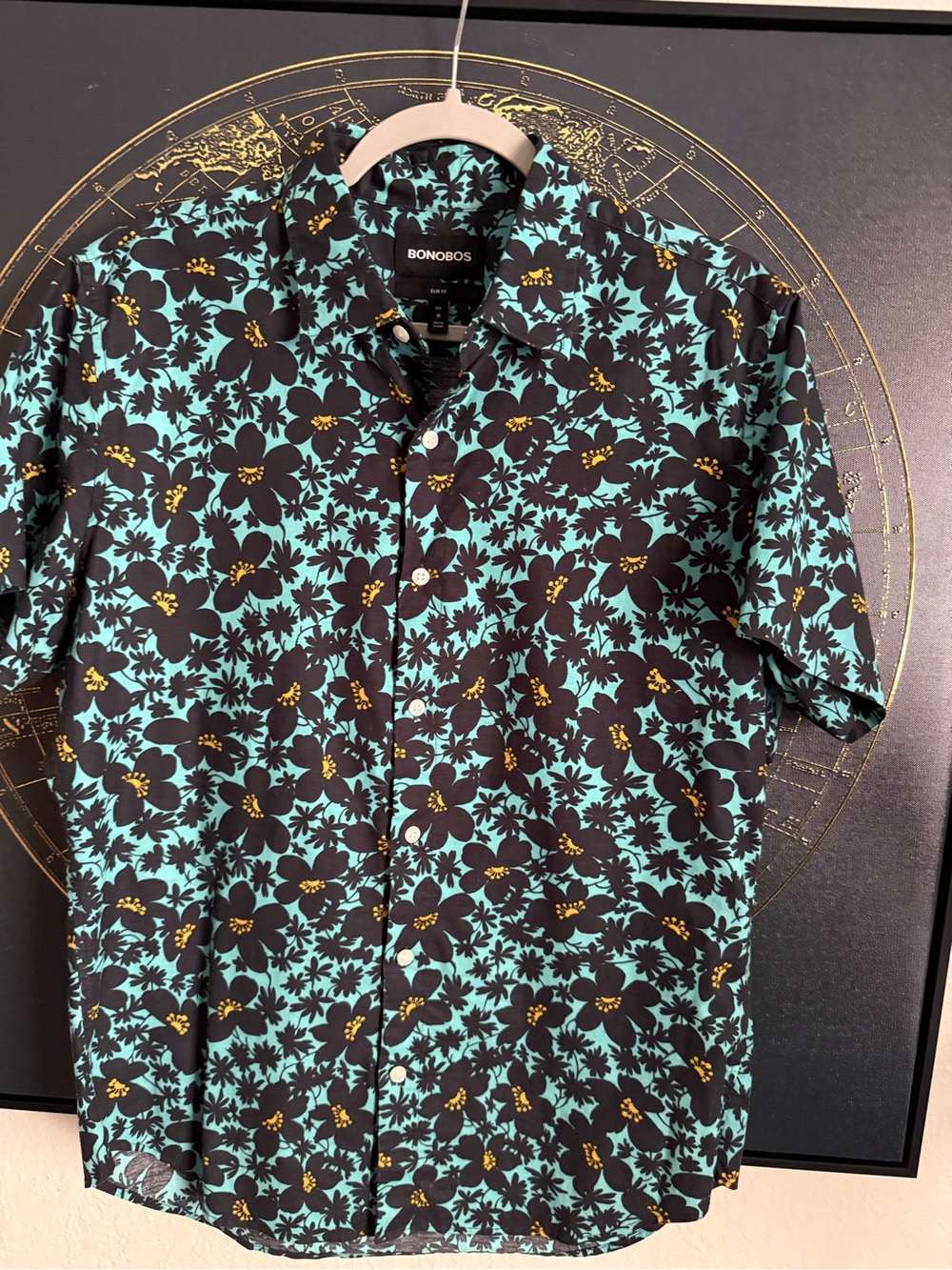 Bonobos Black Shirt with Teal Floral and Gold Dots